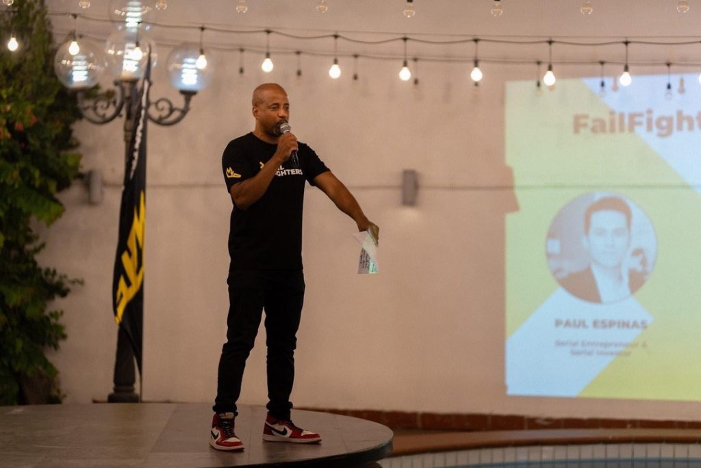 Emcee JK Hobson hosting the Fail Fighters event at The Hive, March 2023